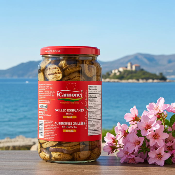A jar of Cannone Grilled Eggplants (aubergines grillées) sits on a wooden table with a scenic Mediterranean background of blue sea, mountains, and a historic stone castle, accented by pink flowers in the foreground.