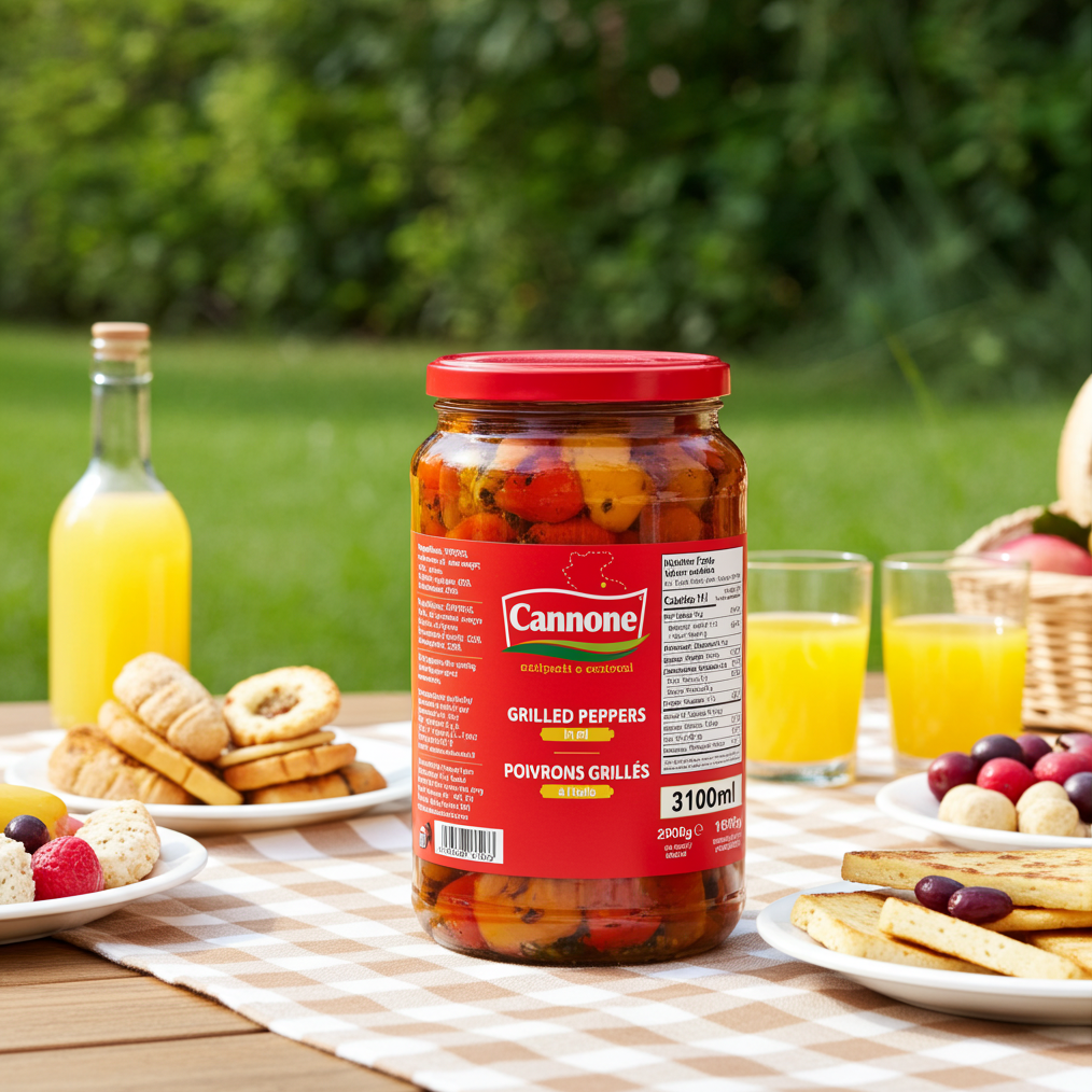 A jar of Cannone Grilled Peppers on a picnic table with plates of bread, fruit, and glasses of orange juice, with a green garden background.