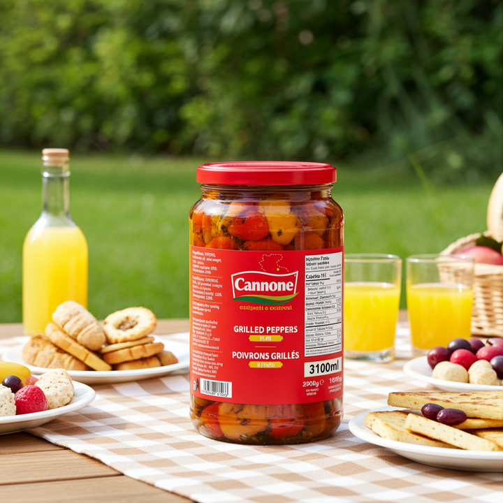 A jar of Cannone Grilled Peppers on a picnic table with plates of bread, fruit, and glasses of orange juice, with a green garden background.