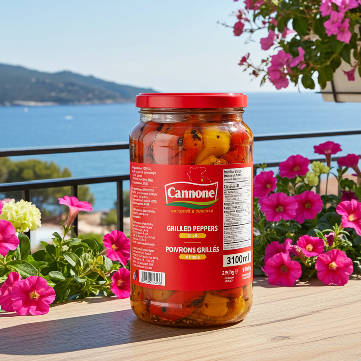 A jar of Cannone Grilled Peppers (Povions Grilles) sits on a wooden table outdoors on a balcony with a scenic sea and mountains in the background, surrounded by blooming pink flowers.
