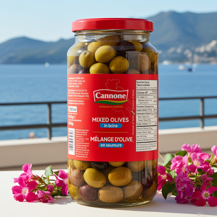 A jar of Cannone Mixed Olives in brine sits on a balcony with a scenic blue sea and mountains in the background, framed by pink flowers at the base.