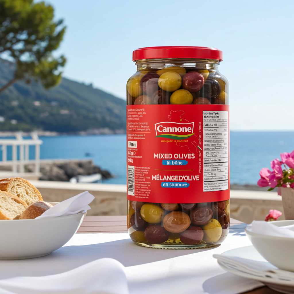 A jar of Cannone Mixed Olives in brine sits on a white tablecloth outdoors by the seaside, with bread, plates, flowers, and a scenic coastal background visible.