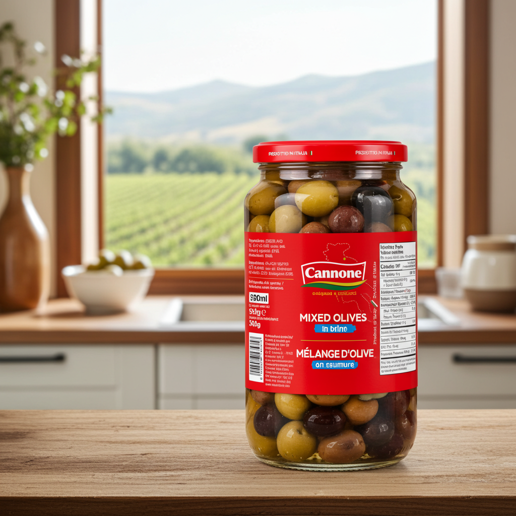 A jar of Cannone Mixed Olives in brine on a wooden countertop, with a blurred kitchen background and a vineyard landscape visible through the window.