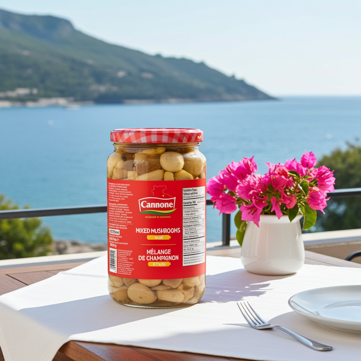 A jar of Cannone Mixed Mushrooms on a white tablecloth by a seaside balcony, with a white vase of pink flowers and a blurred mountain and sea background.
