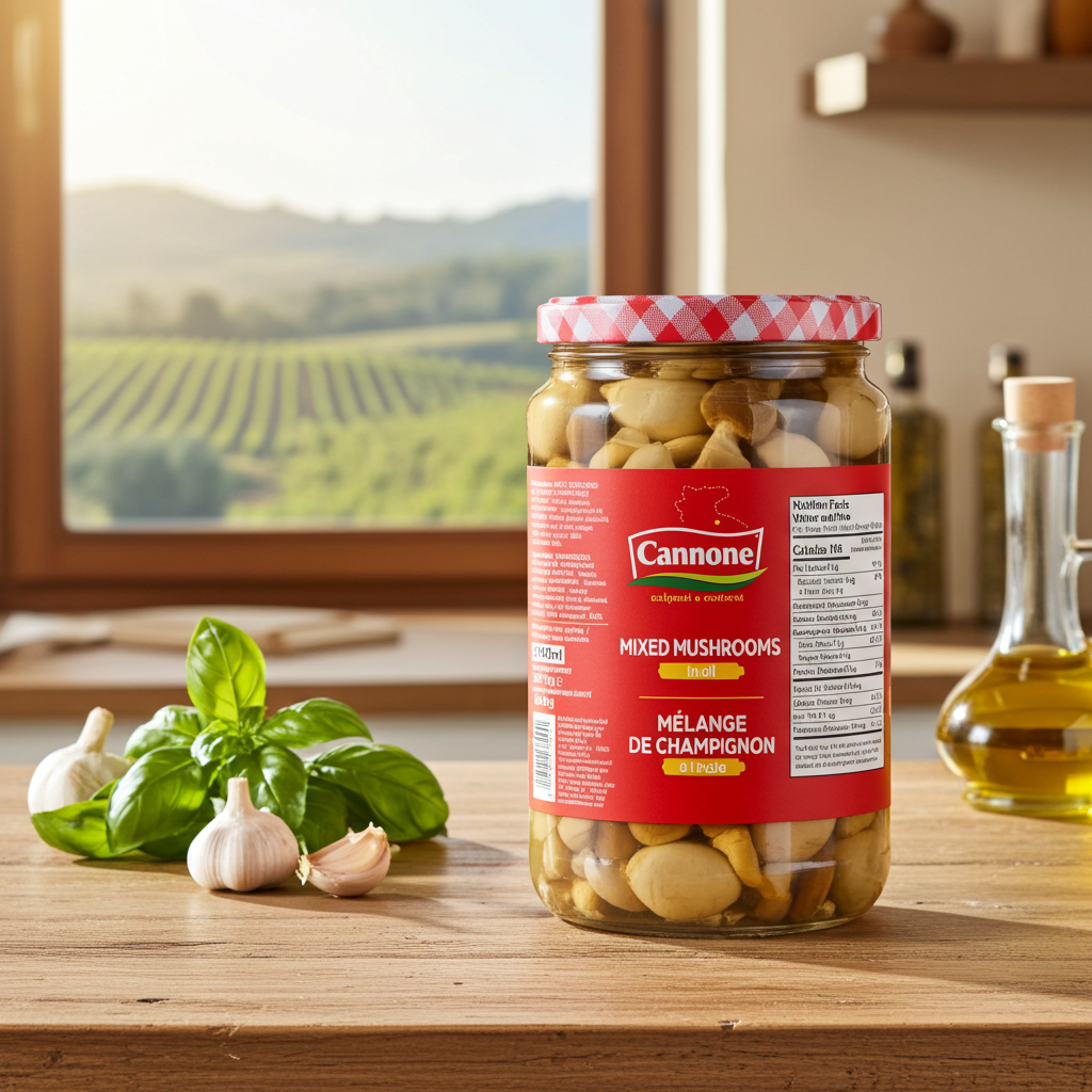 A jar of Cannone Mixed Mushrooms (Mélange de Champignon) Eritée on a wooden table, styled with fresh garlic, basil, and a bottle of olive oil, with a vineyard landscape visible in the background.