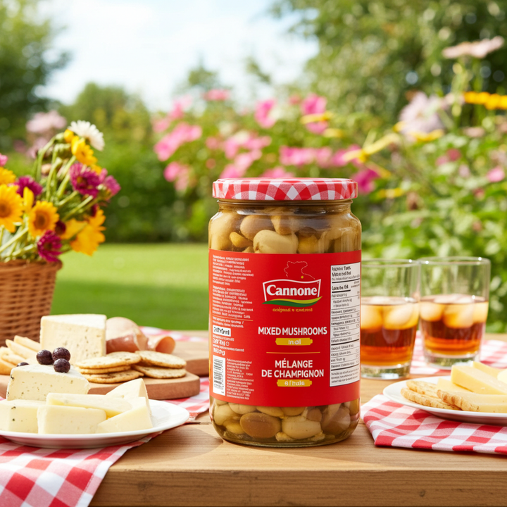 A jar of Cannone Mixed Mushrooms Pickled in Orange sits on a wooden picnic table outdoors, surrounded by cheese, crackers, glasses of iced tea, and a red-and-white checkered cloth, with a blurred garden background.