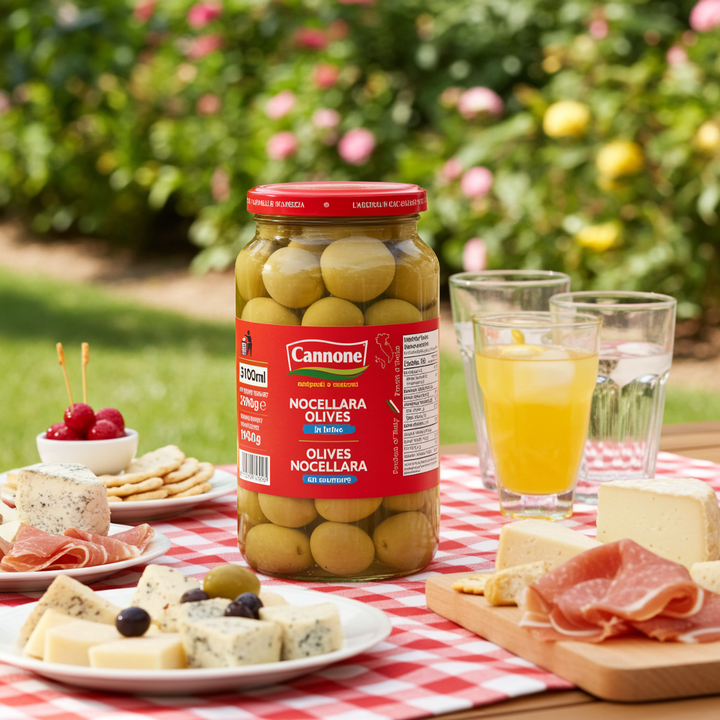 A jar of Cannone Nocellara Olives is displayed on a red-and-white checkered tablecloth with cheese, cured meats, crackers, and glasses of orange drink, set against a blurred garden background.