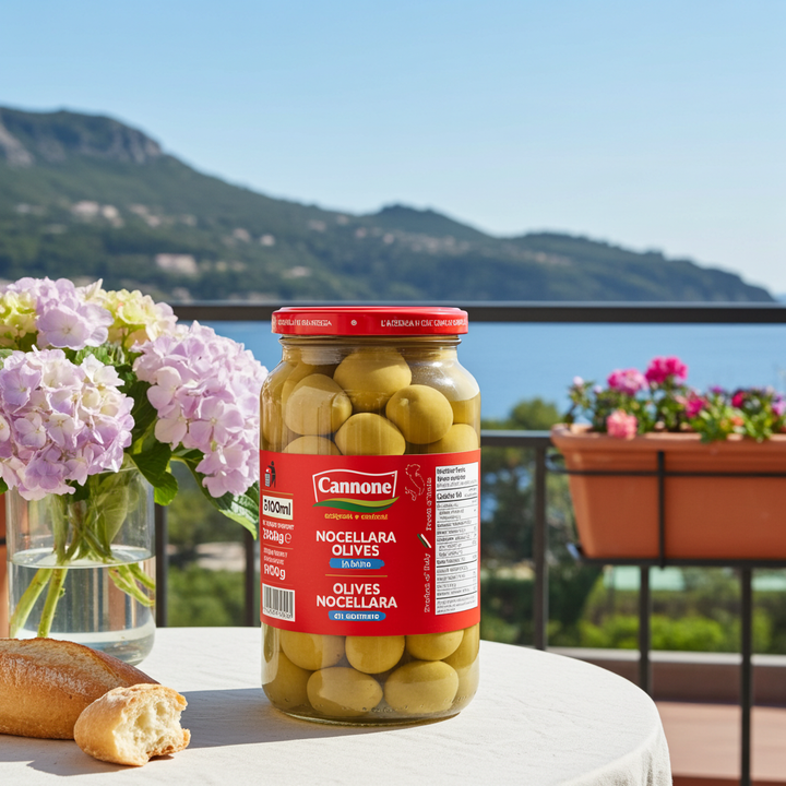 A jar of Cannone Nocellara Olives sits on a table outdoors with a coastal mountain and sea background, alongside flowers and a loaf of bread.