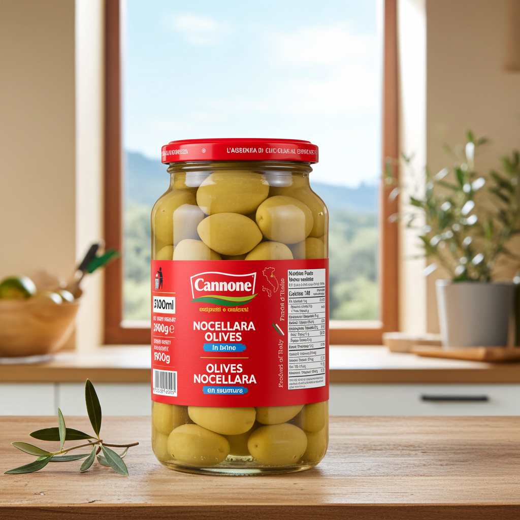 A jar of Cannone Nocellara Olives in Bronte, Italy, displayed on a wooden table in a bright kitchen setting with a window and potted plants in the background.
