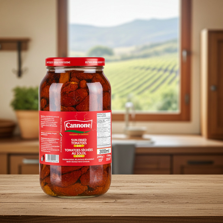 A glass jar of Cannone Sun Dried Tomatoes on a wooden table, with a blurred kitchen background and a vineyard landscape visible through a window.