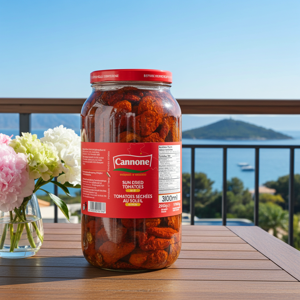 A large glass jar of Cannone sun dried tomatoes sits on a wooden table with a scenic ocean and island background, alongside a vase of pink and white flowers.