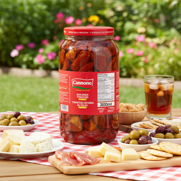 A large jar of Cannone Sun Dried Tomatoes stands on a wooden table in a garden setting, surrounded by a picnic-style spread with cheese, crackers, olives, and an iced drink.