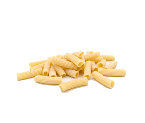 A pile of uncooked rigatoni pasta on a plain white background.