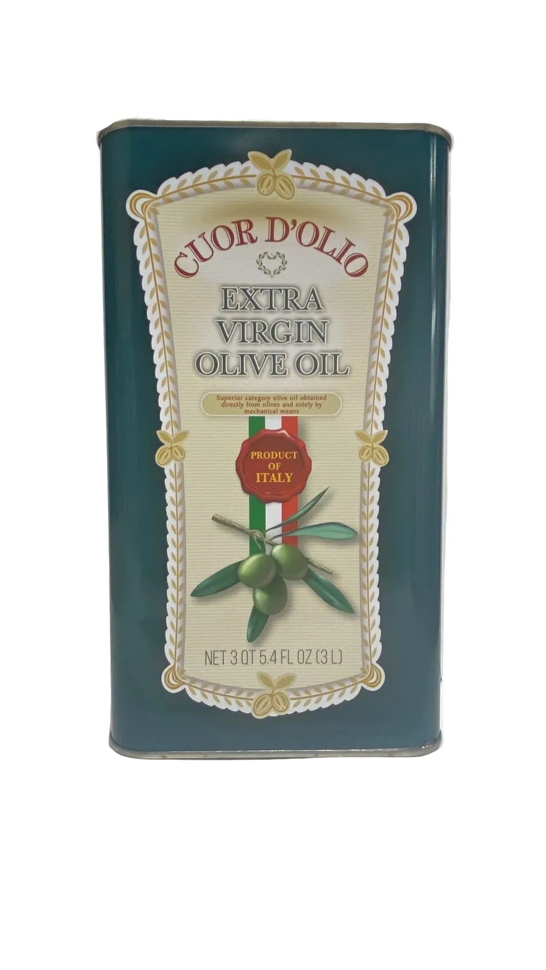 Cuor d'Olio extra virgin olive oil can with decorative label on a white background
