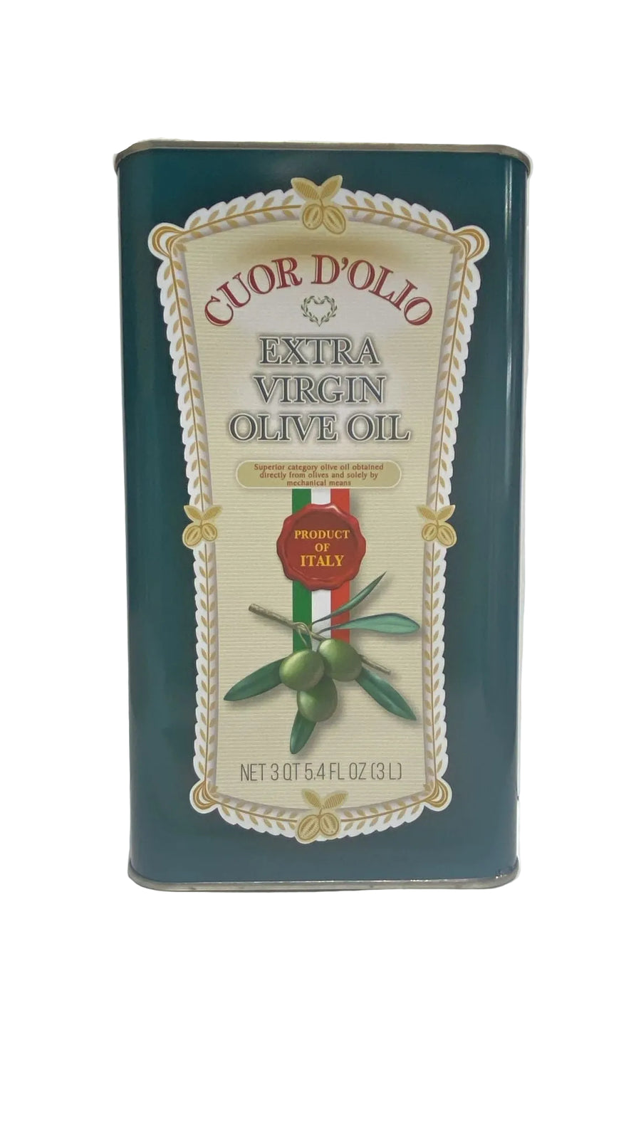 Cuor d'Olio extra virgin olive oil can with decorative label on a white background