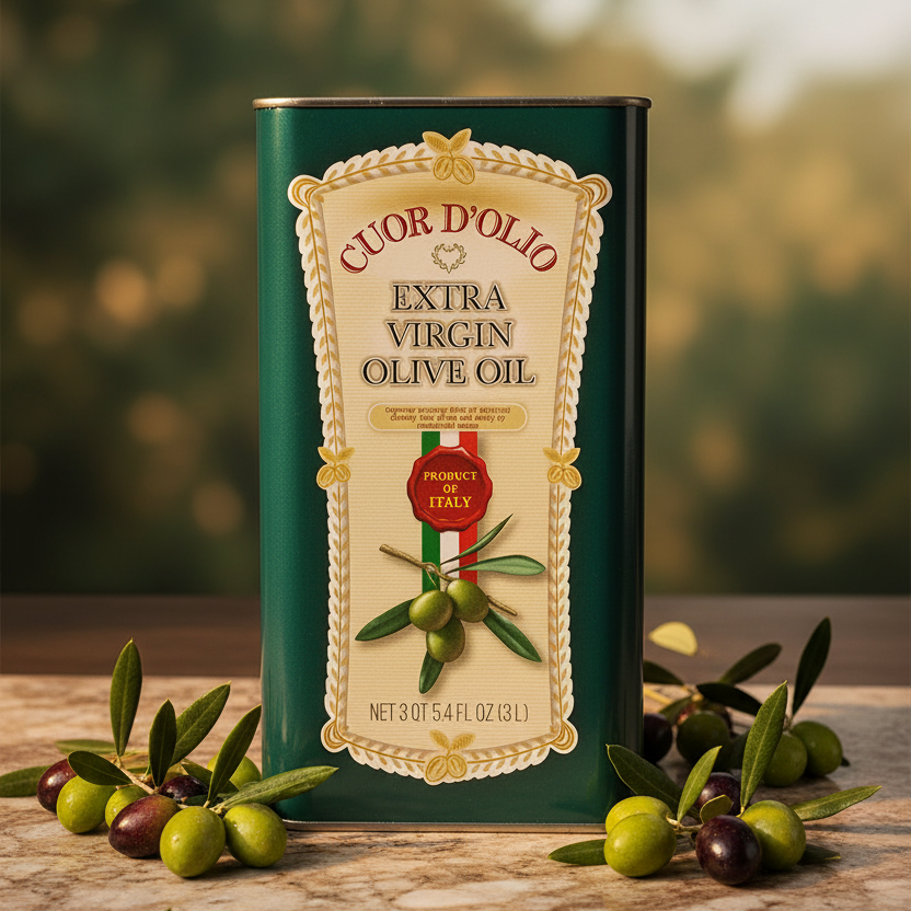 A tall dark green metal can of Cuor D'Olio extra virgin olive oil stands on a wooden surface with olive branches placed around it. The label is cream with ornate gold detailing and includes a red 'Product of Italy' badge.