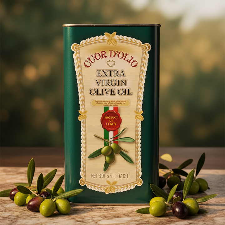 A tall dark green metal can of Cuor D'Olio extra virgin olive oil stands on a wooden surface with olive branches placed around it. The label is cream with ornate gold detailing and includes a red 'Product of Italy' badge.