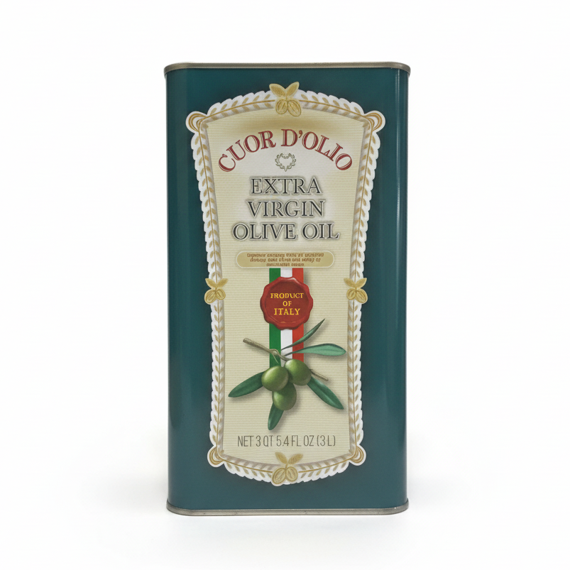 A rectangular metal tin of Cuor D'Olio Extra Virgin Olive Oil, featuring a dark teal-green body with a cream and gold decorative label and an illustration of green olives on a branch.