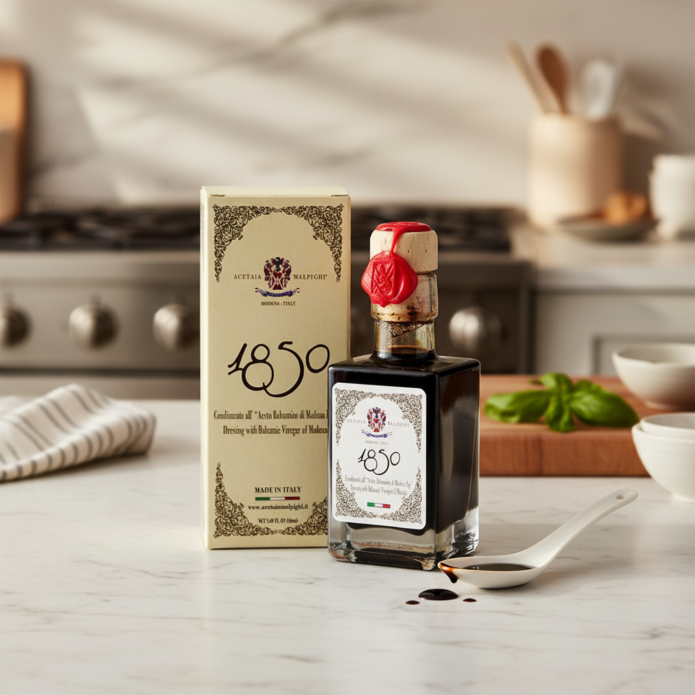 A bottle of 1850 Dressing with Balsamic Vinegar of Modena on a marble kitchen table