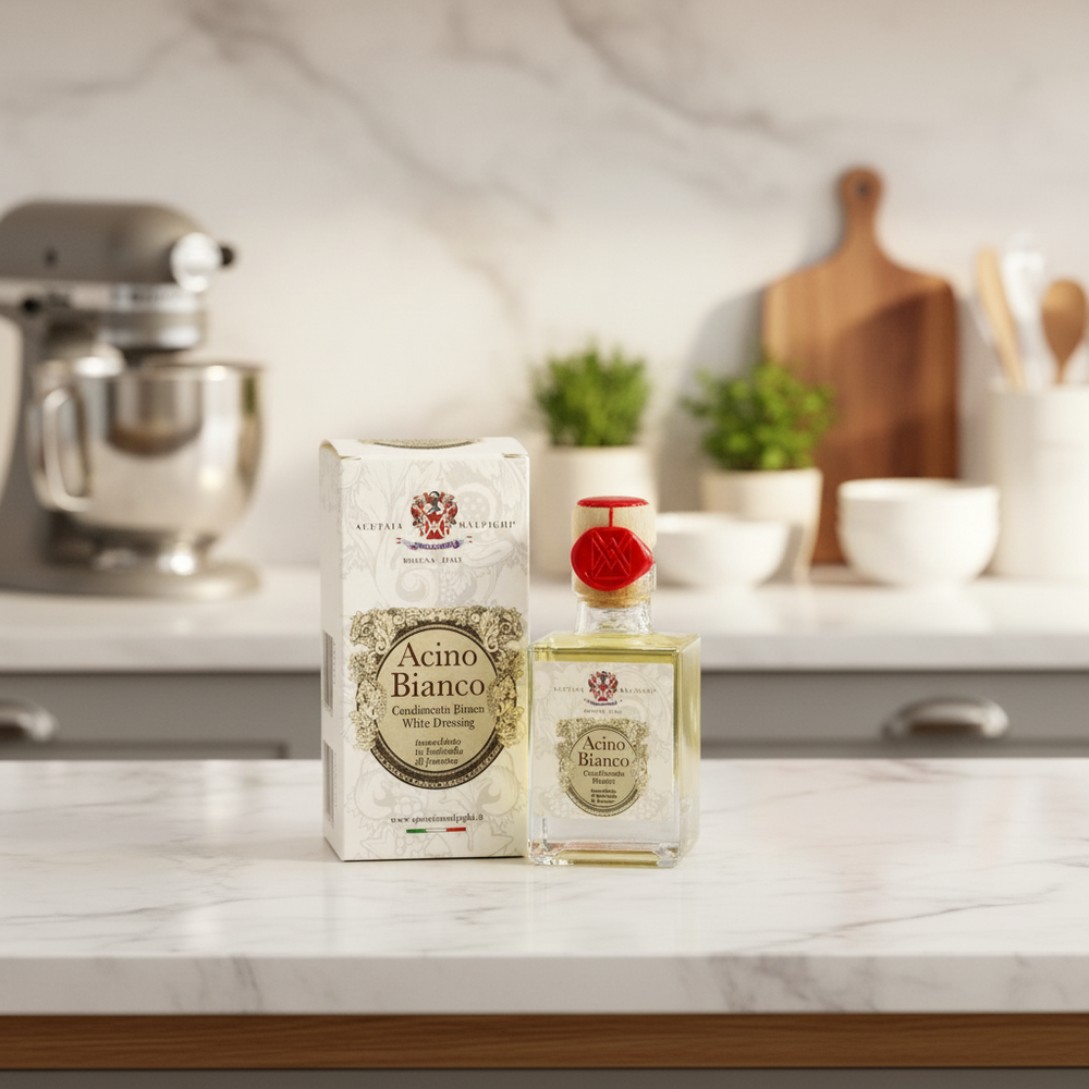 A bottle of Acino Bianco White Dressing and its matching box, both featuring a vintage-style cream label with a red crest, displayed on a marble kitchen countertop with a blurred kitchen background.