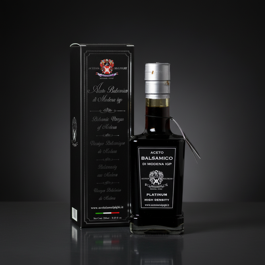 A bottle of balsamic vinegar with its black presentation box, photographed on a dark reflective studio background. The bottle is dark glass with a silver cap and a black-and-white label reading 'Aceto Balsamico di Modena IGP' and 'Platinum High Density.
