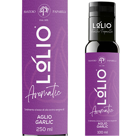 Two bottles of Lòlio Aromatic Garlic extra virgin olive oil by Paparella, one 250 ml and one 100 ml, featuring purple labels and black caps on a white background.
