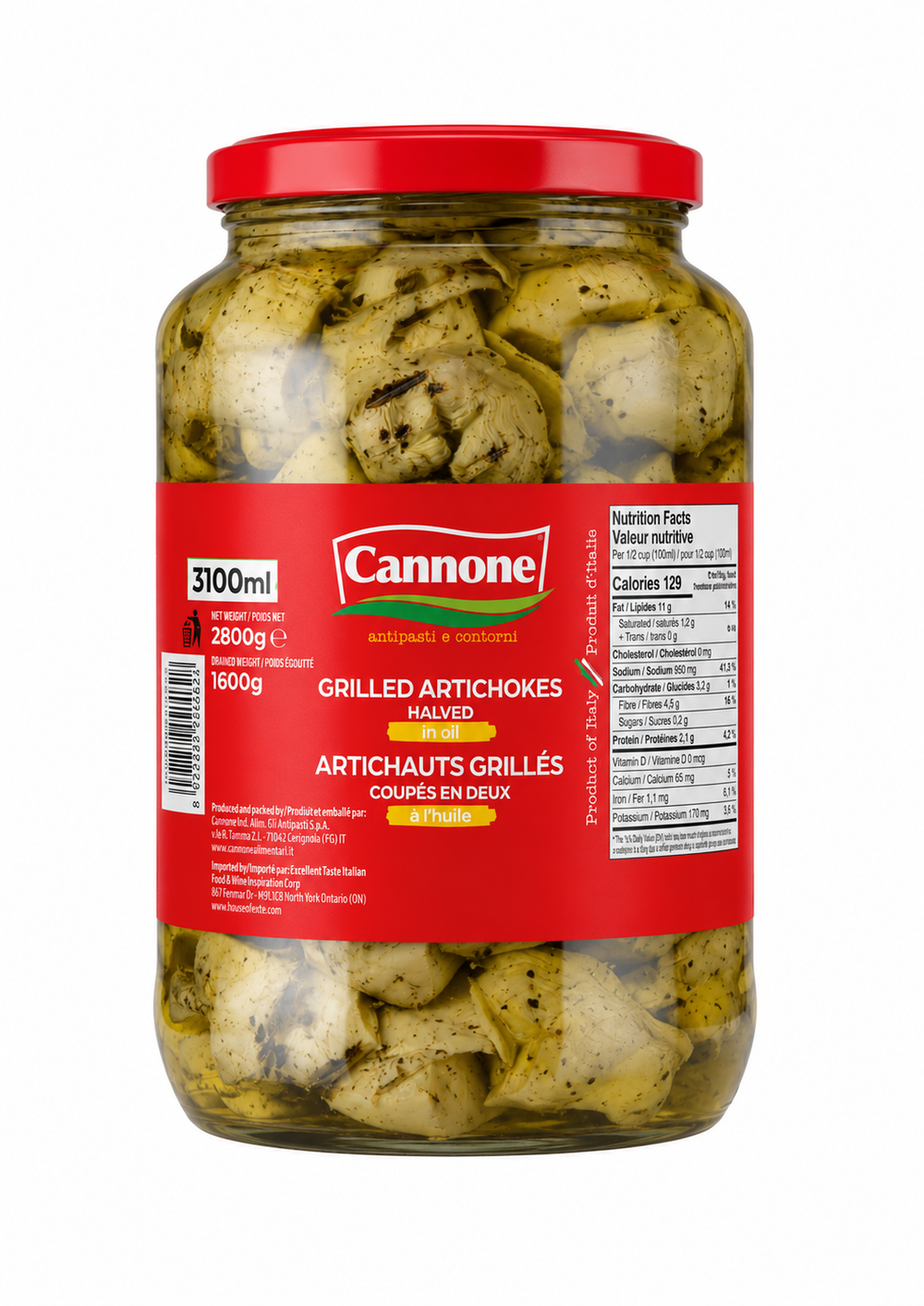 A jar of Cannone Grilled Artichokes on a plain white background. The product is packaged in a clear glass jar with a bright red lid and a red label featuring the Cannone brand logo.
