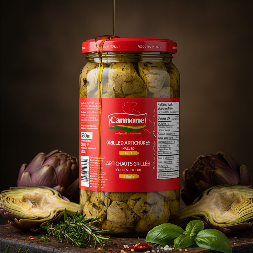 A jar of Cannone Grilled Artichokes with olive oil being poured over it, styled on a dark wooden board with fresh artichokes, basil, and rosemary against a dark background.