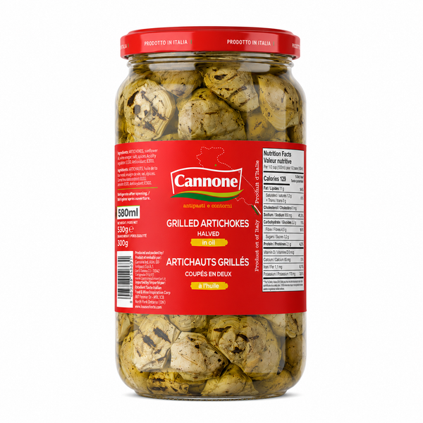 A glass jar of Cannone Grilled Artichokes Halved, containing grilled artichokes in oil, sealed with a red metal lid and featuring a red and white label.