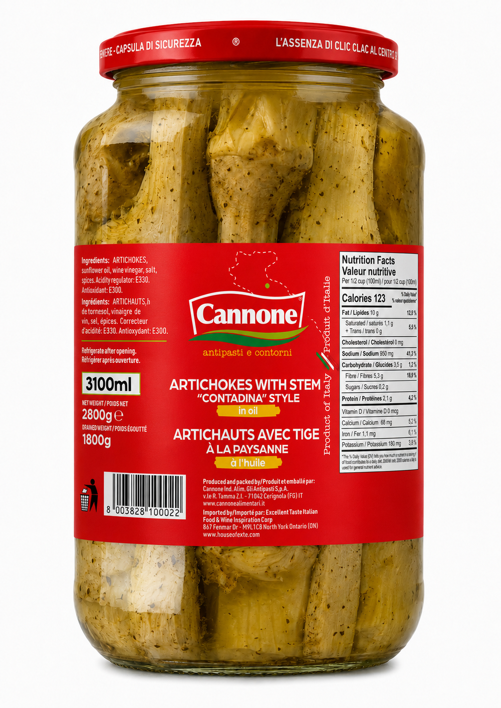 A glass jar of Cannone Artichokes with Stem Contorno-Style, filled with cooked artichokes and topped with a red lid, set against a plain white background.