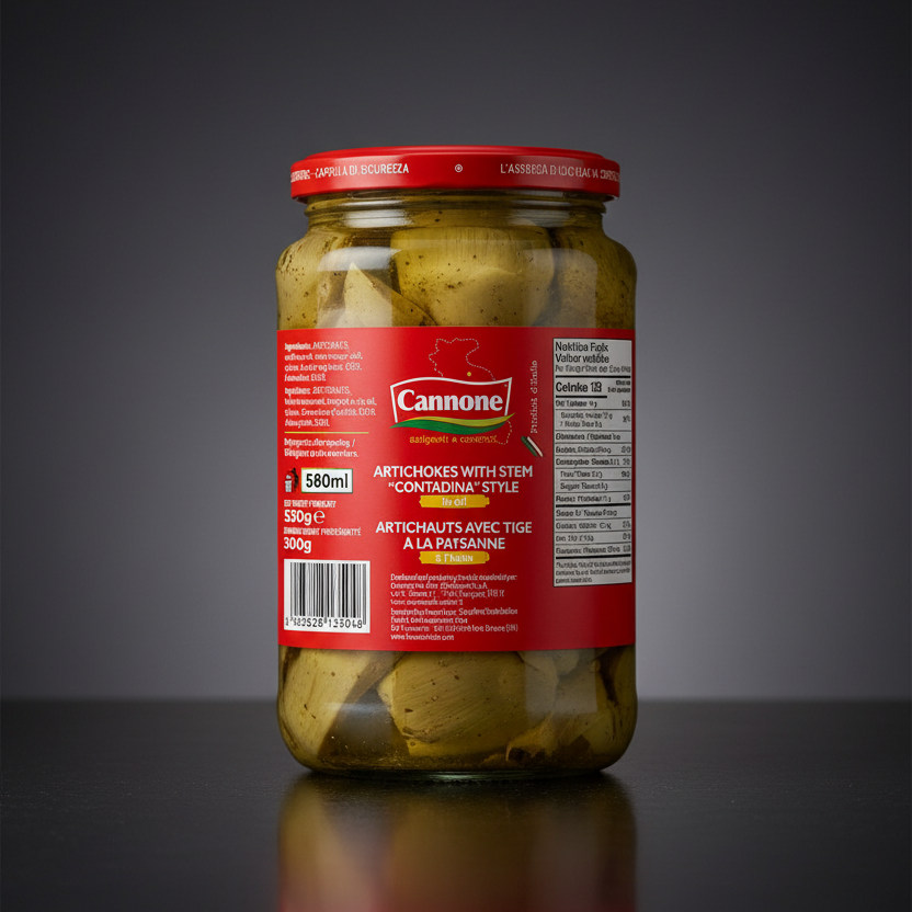 A glass jar of Cannone Artichokes filled with whole artichokes in oil, set against a dark gray gradient background with a reflection on the surface below.