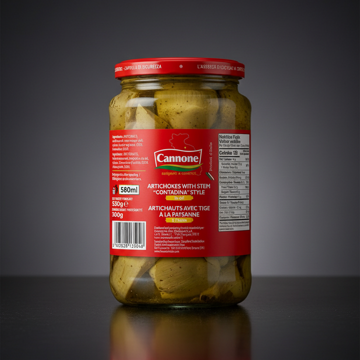 A glass jar of Cannone Artichokes filled with whole artichokes in oil, set against a dark gray gradient background with a reflection on the surface below.