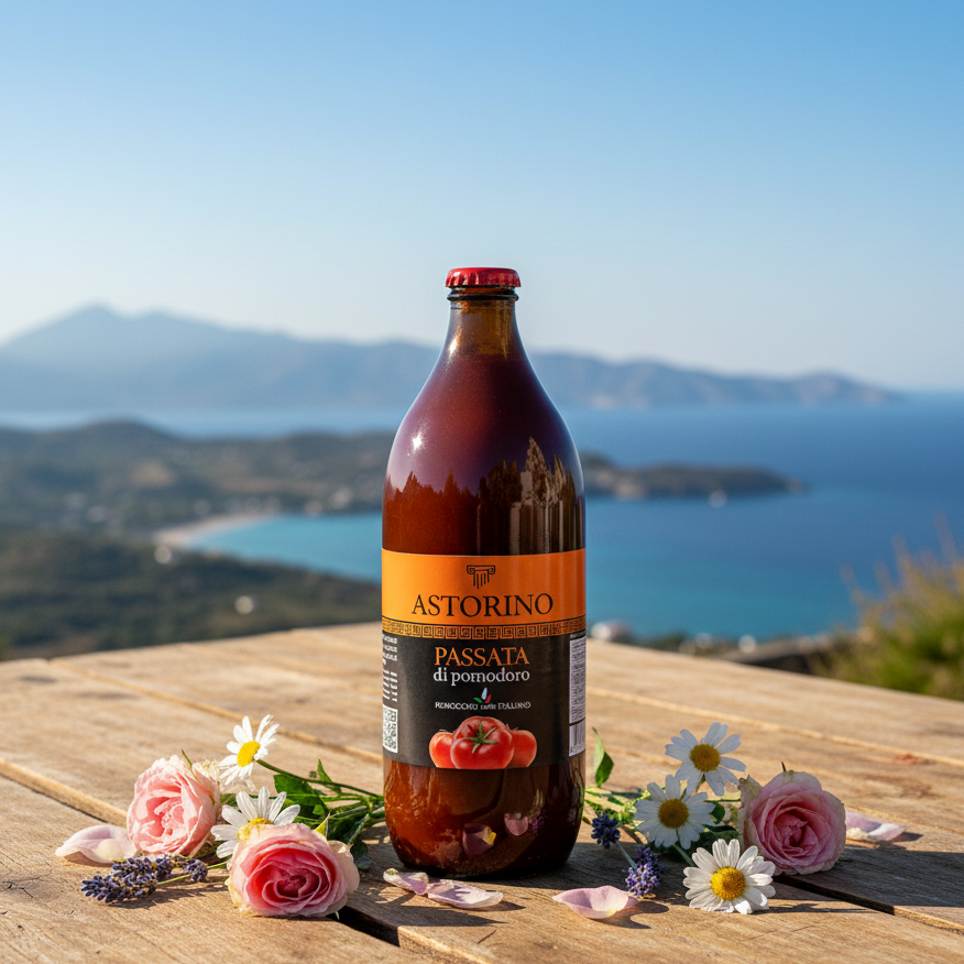 A bottle of Astorino Passata di pomodoro sits on a wooden table outdoors, surrounded by pink roses, white daisies, and lavender, with a scenic blue sea and mountains in the background.