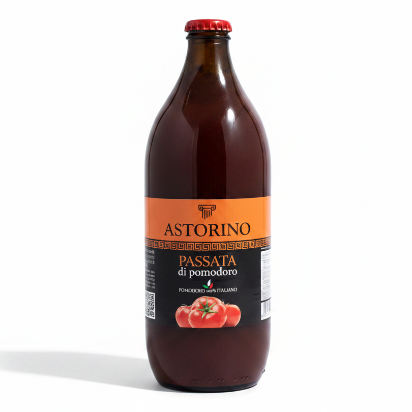 A bottle of Astorino Passata di Pomodoro, featuring a dark brown glass bottle with a red cap and a label that has orange and black sections with a tomato graphic, set against a plain white background.