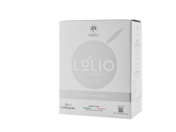 Paparella Lolio oive oil 3L box on a green background