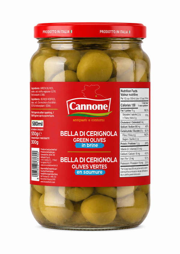 A 580ml glass jar of Cannone Bella di Cerignola Green Olives in brine, featuring a red lid and a red label with white and blue text, set against a plain white background.