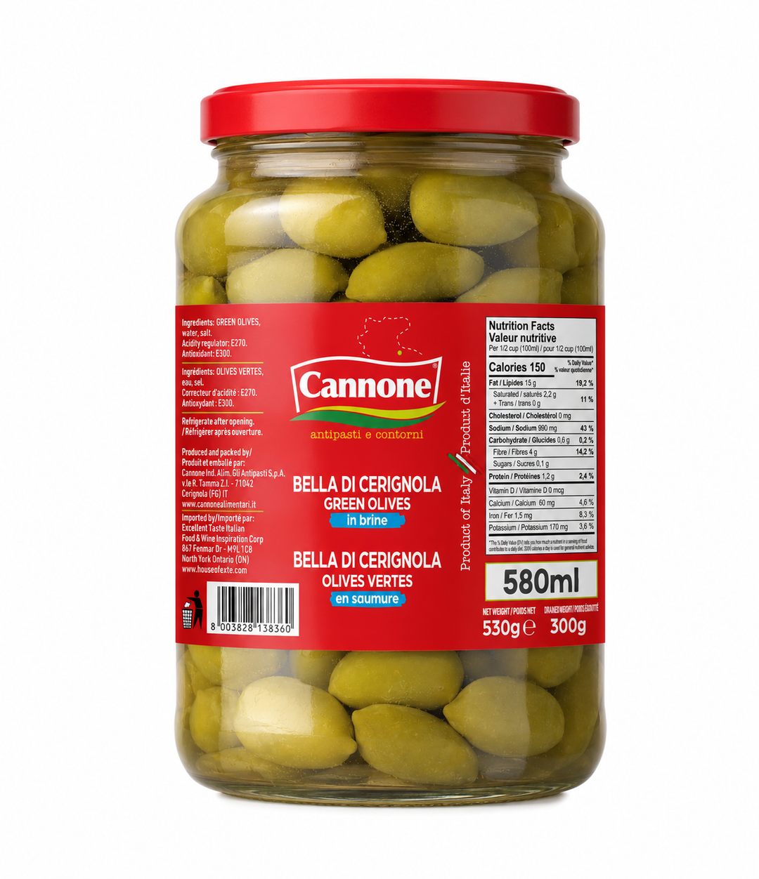 A 580ml glass jar of Cannone Bella di Cicerona Green Olives in brine, featuring a red lid and a red label with white and blue text.