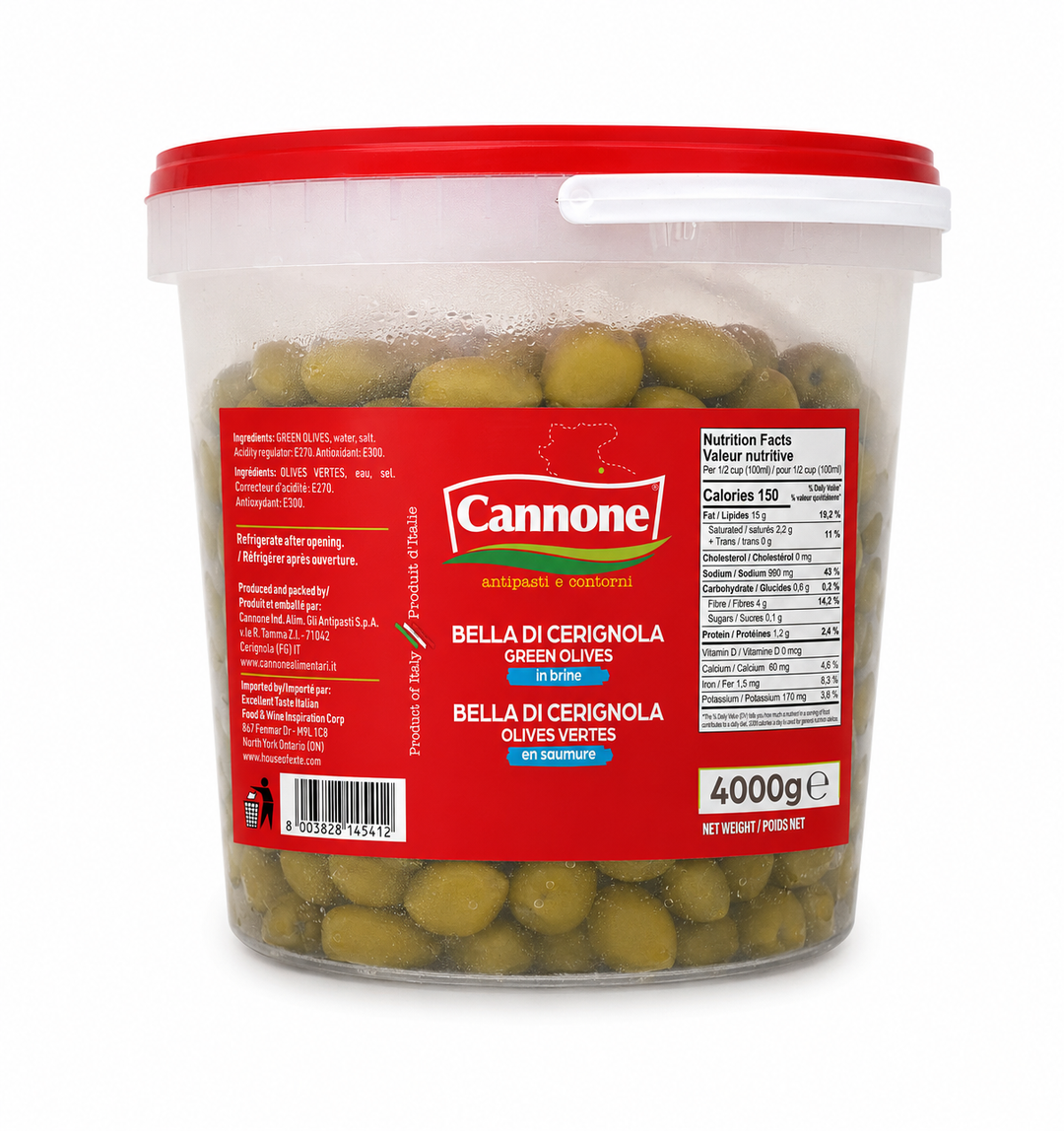 A 4000g plastic tub of Cannone Bella di Cerniolina Green Olives, featuring a red lid, clear container showing green olives inside, and a red label with product details.