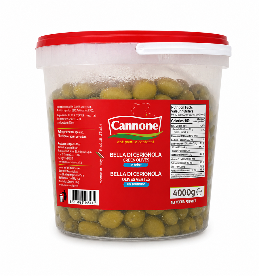 A 4000g plastic tub of Cannone Bella di Cerniolina Green Olives, featuring a red lid, clear container showing green olives inside, and a red label with product details.