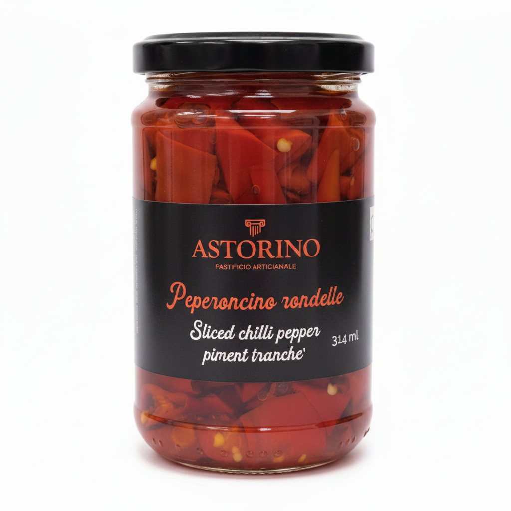A glass jar of Astorino sliced chili pepper in oil, featuring a black label with red and white text and a black screw-on lid, set against a plain white background.