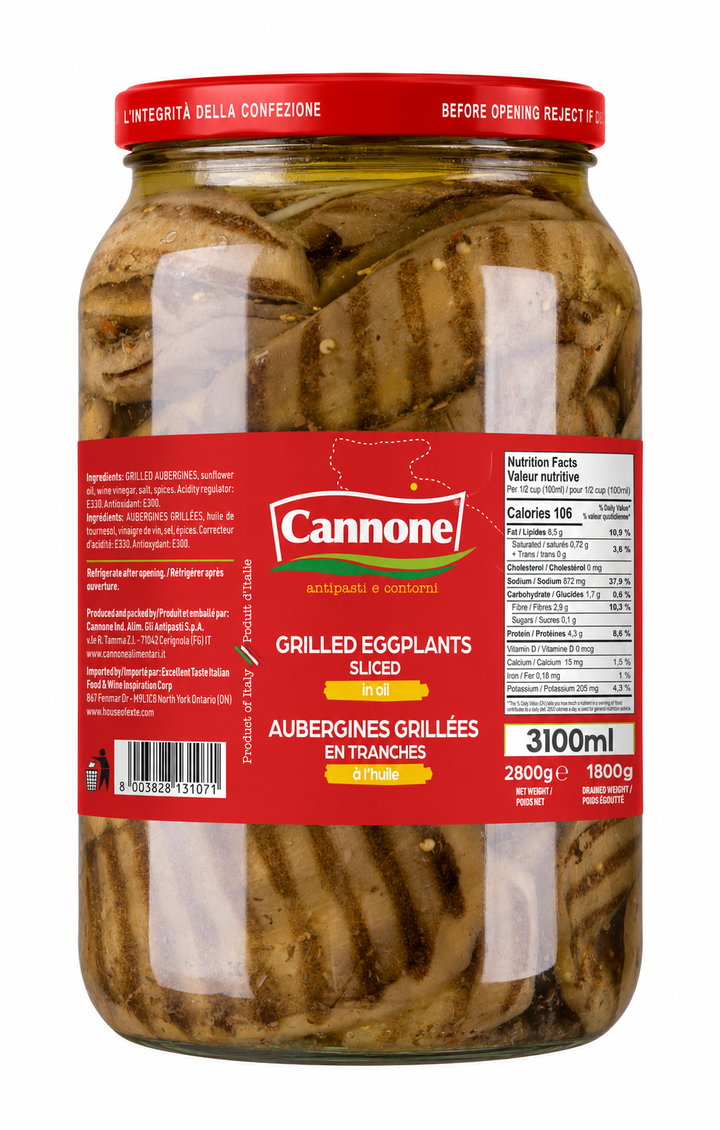 A 3100ml glass jar of Cannone Grilled Eggplants Slices, showing the sliced eggplants inside with a red lid and a red label.