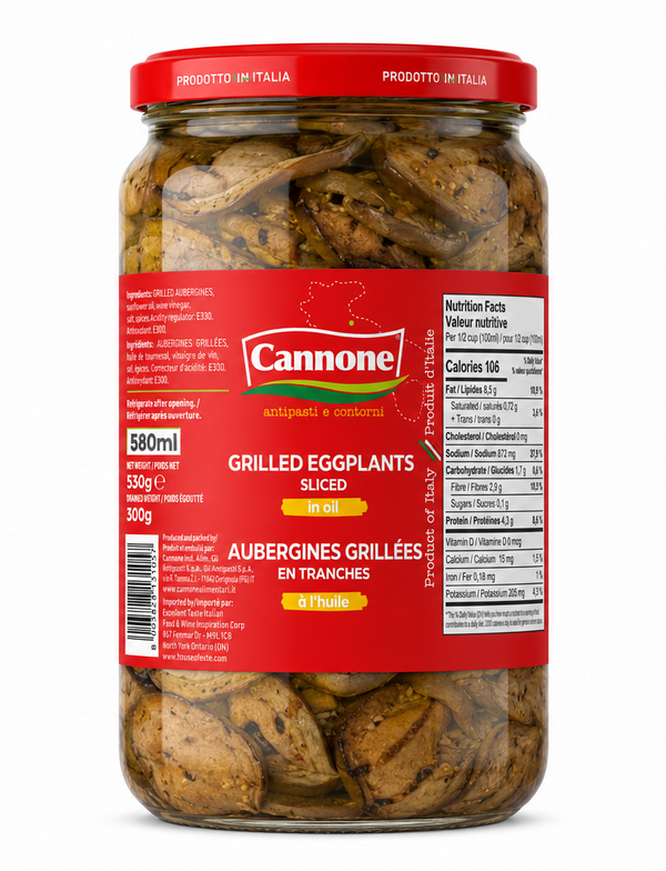 A 580ml glass jar of Cannone Grilled Eggplants Sliced, containing cooked eggplants in oil with a red label and red lid, set against a plain white background.