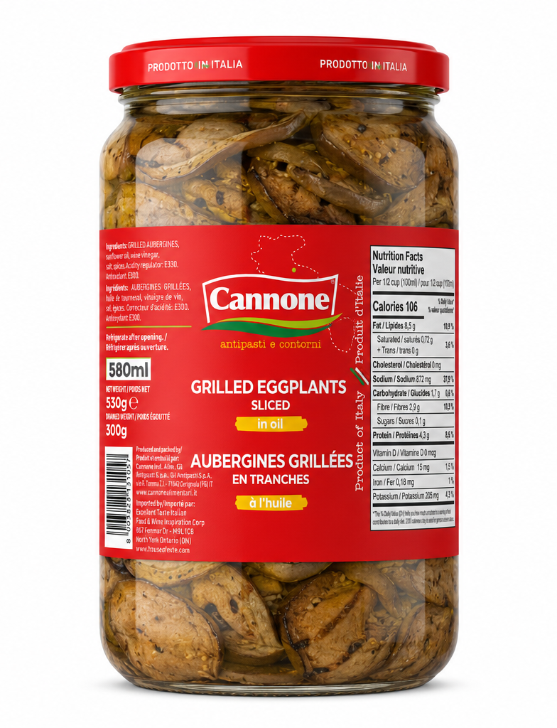 A 580ml glass jar of Cannone Grilled Eggplants Sliced, containing cooked eggplants in oil with a red label and red lid, set against a plain white background.