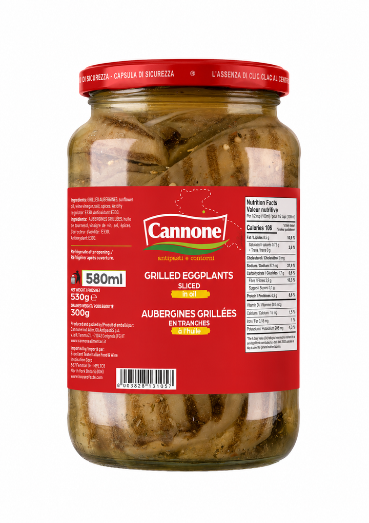 A glass jar of Cannone Grilled Eggplants Sliced, containing sliced eggplants in oil, sealed with a red metal lid and featuring a red label with white and yellow text.