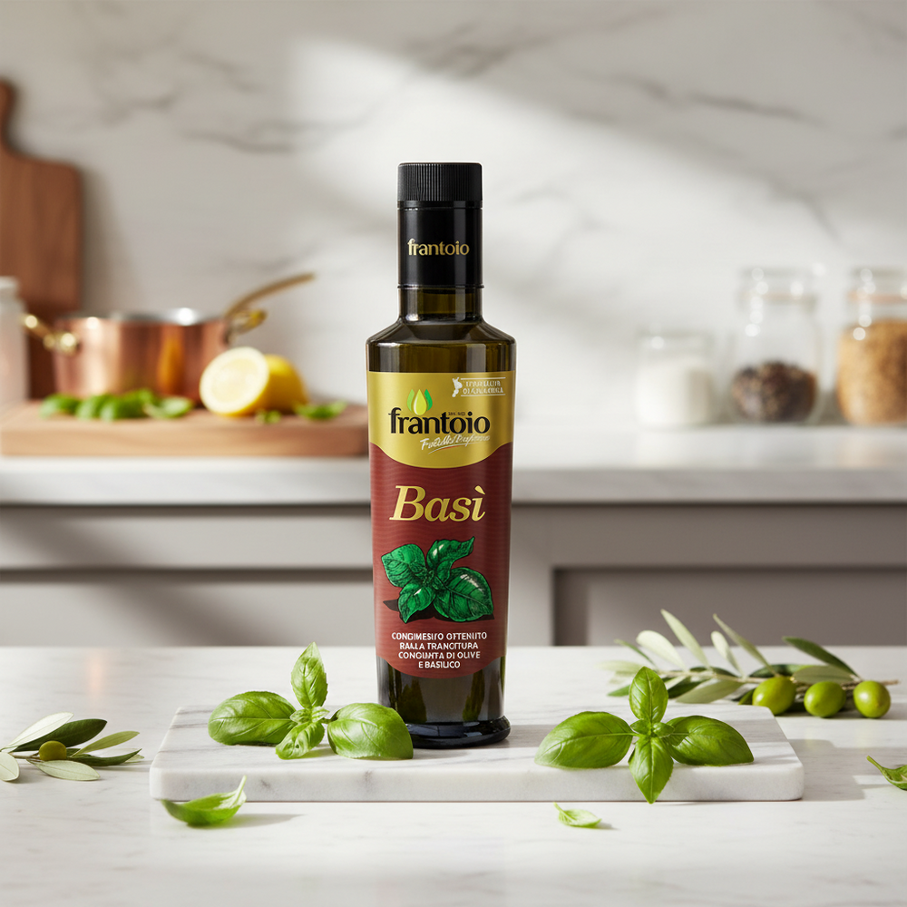 A bottle of Frantoio Extra Virgin Olive Oil Basil (Basi) stands on a white marble board surrounded by fresh green basil leaves and olives, set against a blurred, warm kitchen background.