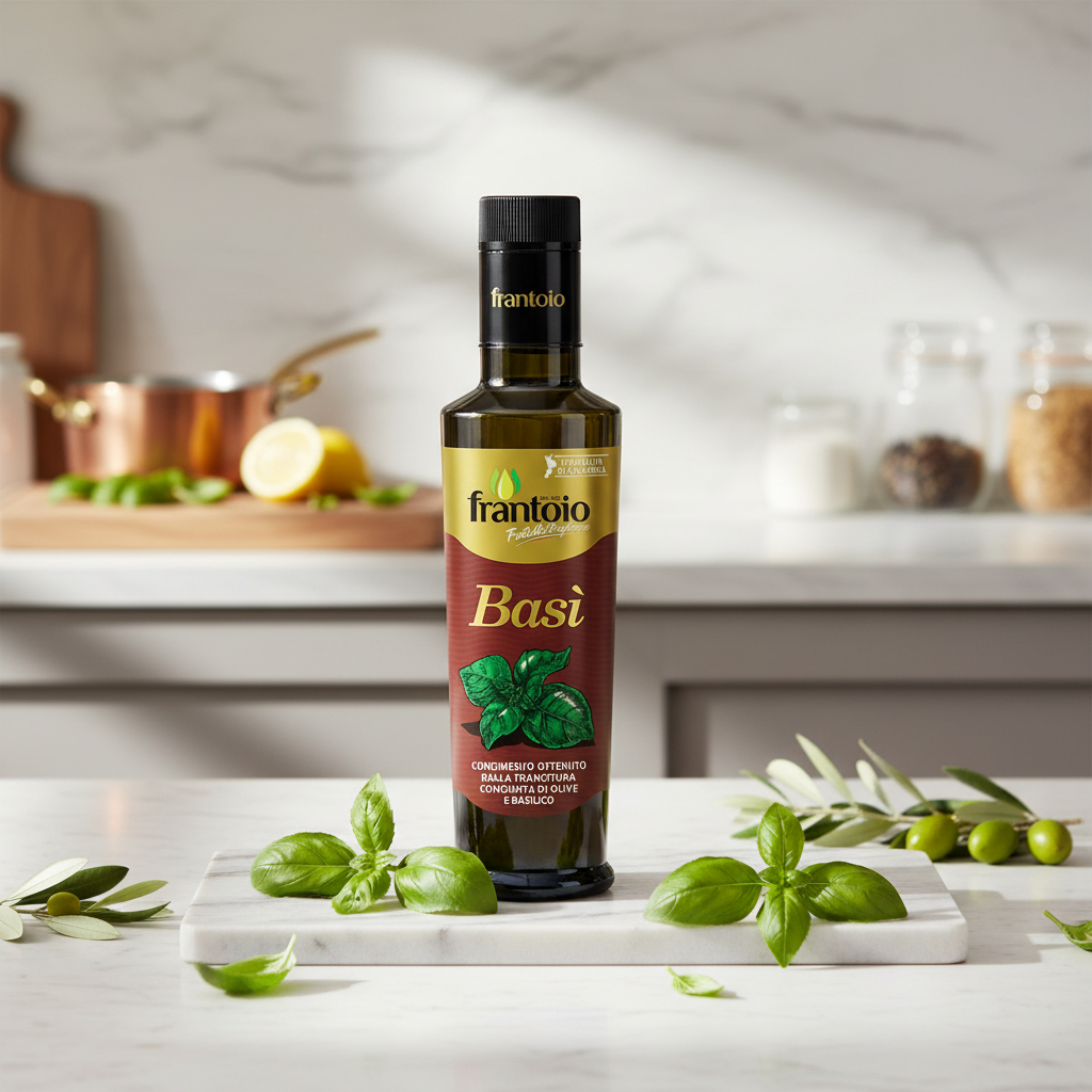 A bottle of Frantoio Extra Virgin Olive Oil Basil (Basi) stands on a white marble board surrounded by fresh green basil leaves and olives, set against a blurred, warm kitchen background.