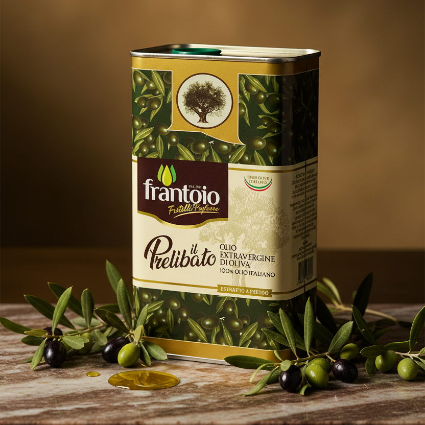 A rectangular metal tin of Frantoio d'Italia 'Prelibato' extra virgin olive oil stands on a stone surface with olives and a small pool of oil in front, against a warm brown gradient background.