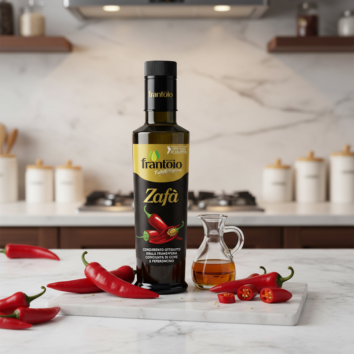A bottle of Frantoio Zafa chili-infused olive oil stands on a marble cutting board in a modern kitchen, surrounded by whole and sliced red chili peppers and a small glass carafe of the golden oil.