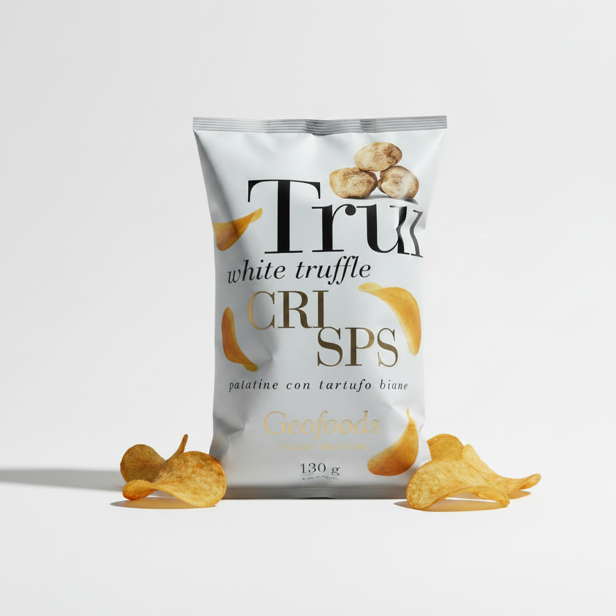 A bag of Geofoods Truffe white truffle CRI SPS Italian Trophies potato chips