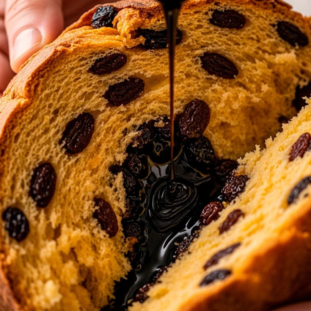 A sliced panettone cake  with dark dried fruit pieces and a glossy drizzle of dark syrup,